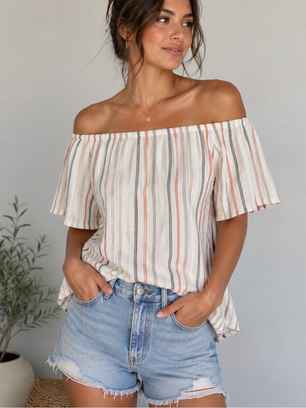 NWT Belle by Belldini Off Shoulder Blouse Medium  Stripe Flutter Sleeve Top